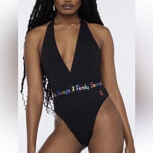 Savage X Fenty BlackBodysuit with Colorful Rainbow Logo Halter Size Medium